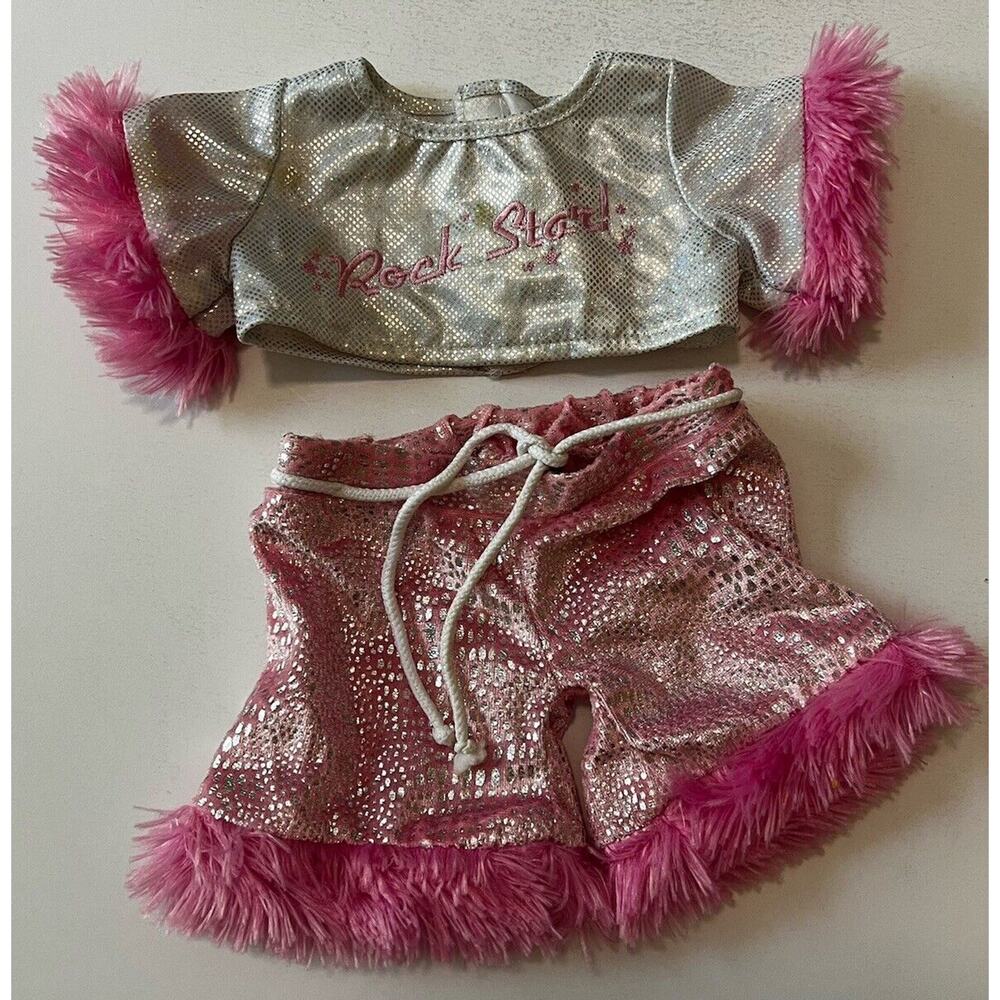 Build A Bear Vintage Rock Star Sequin Furry Trim Silver Rare Teddy Clothes BABW
